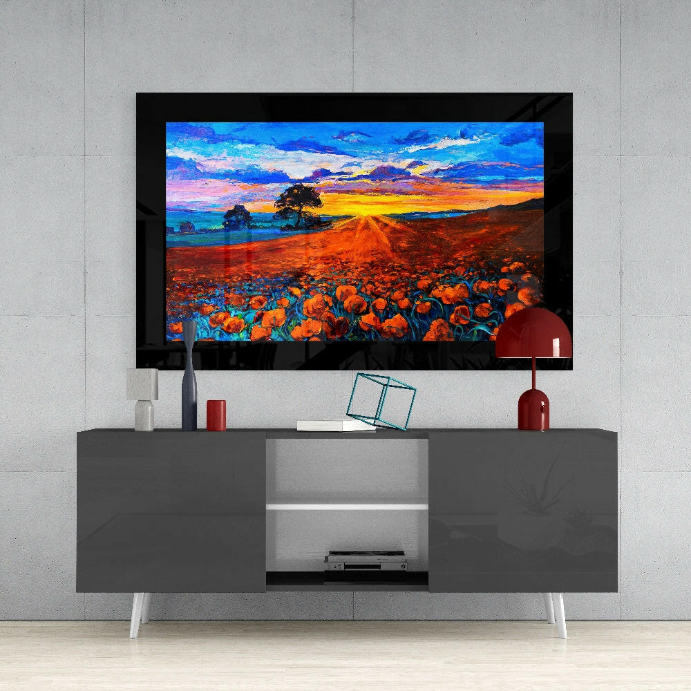 Poppy Field glass wall art styled above a console in a reading nook