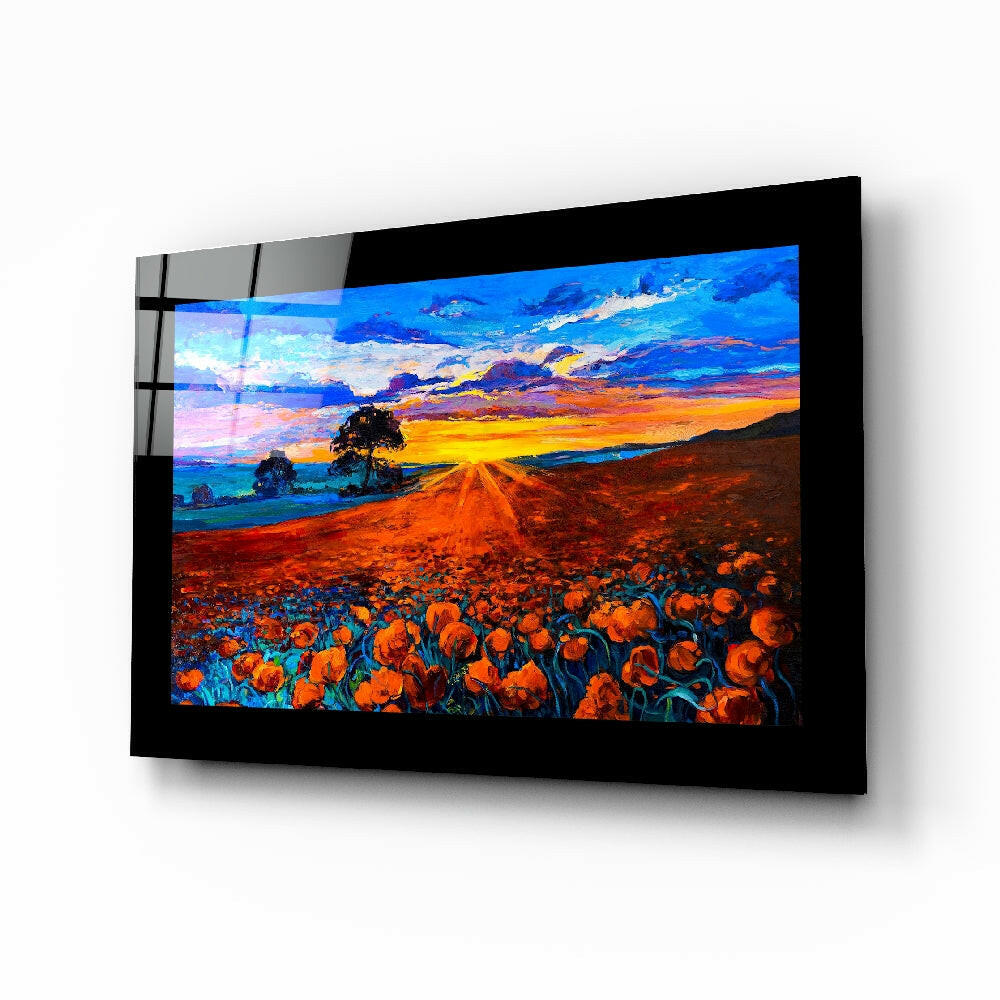 Poppy Field glass wall art displayed above a sideboard in a study