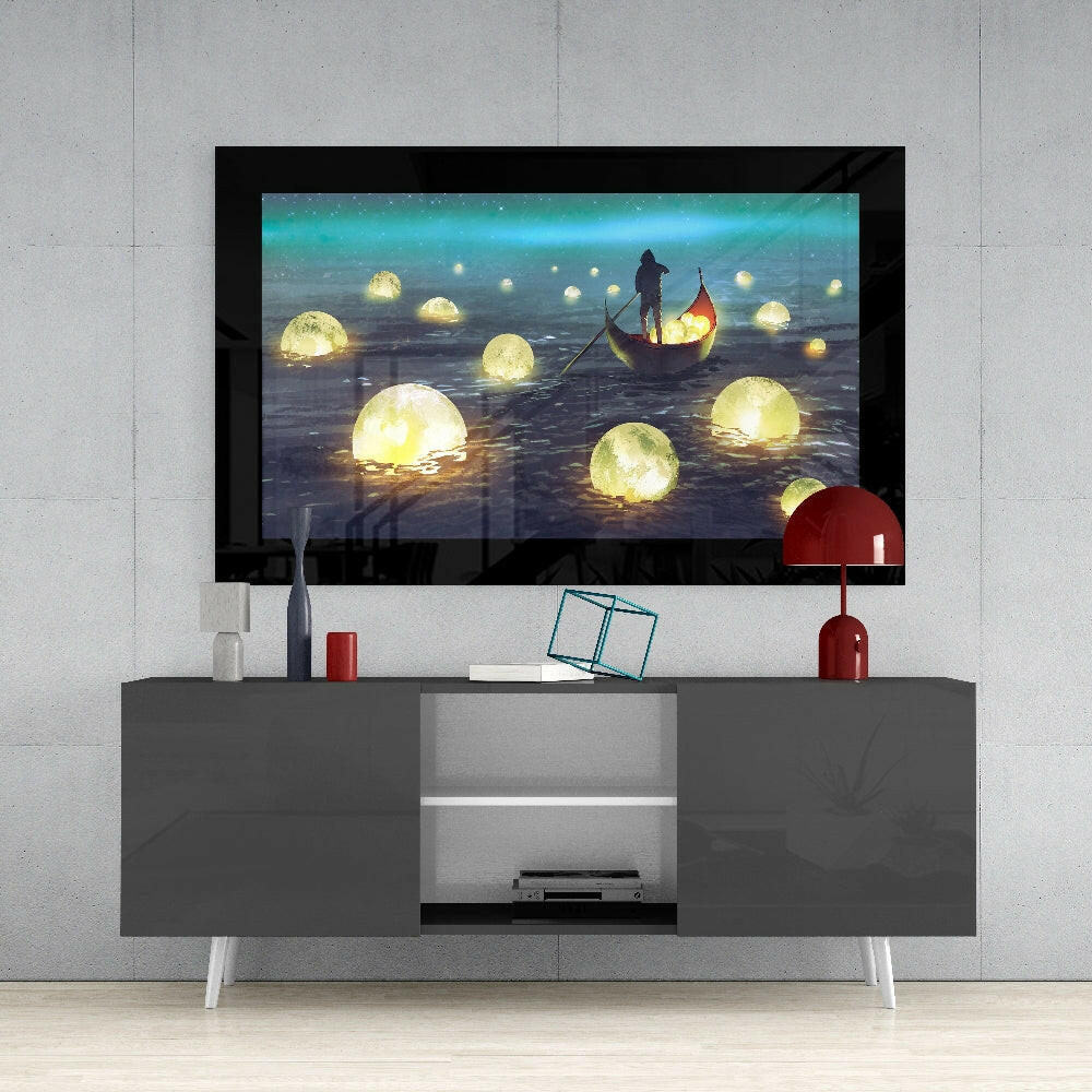 Moon Collector glass wall art styled above a console in a reading nook