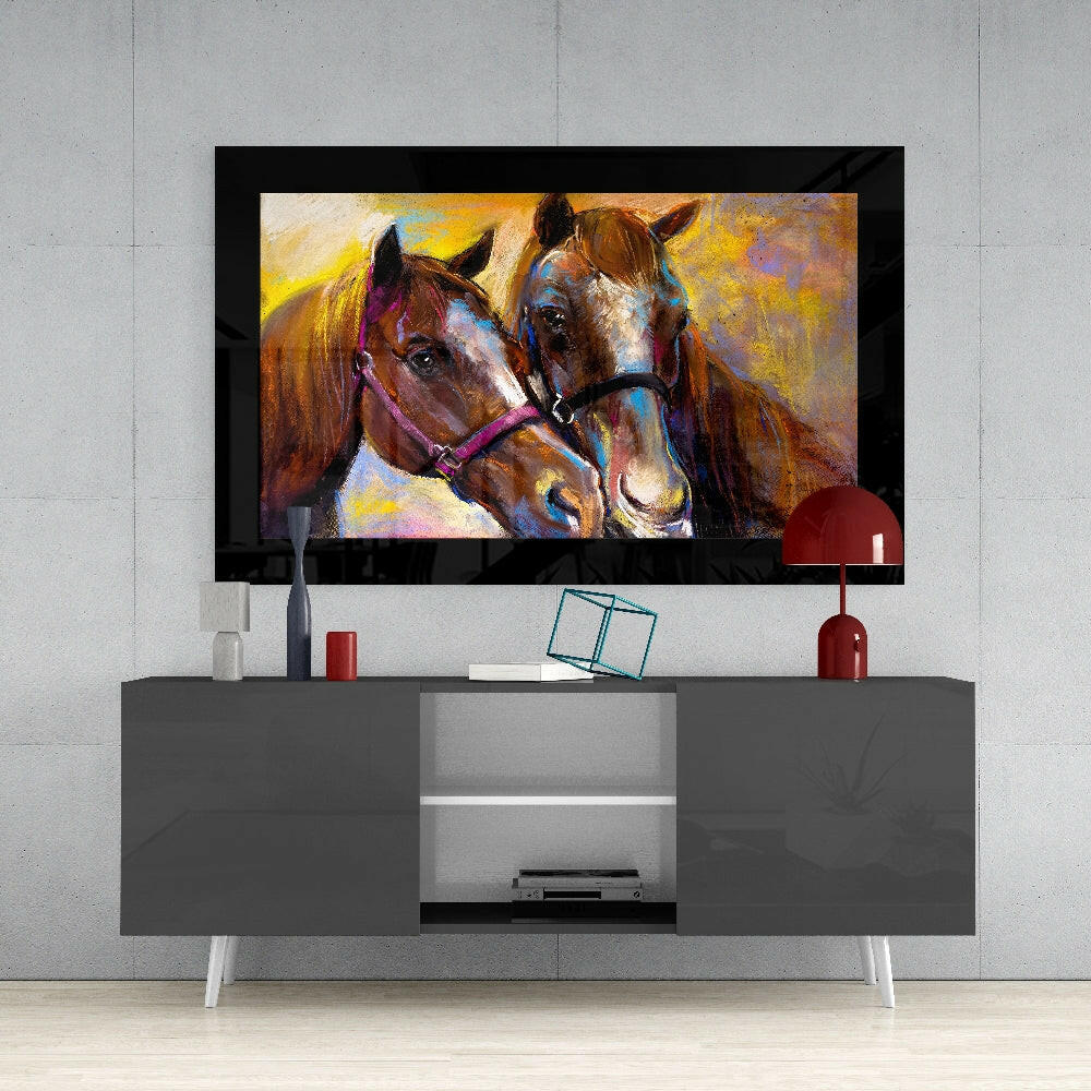 Farm Horses glass wall art styled above a console in a reading nook