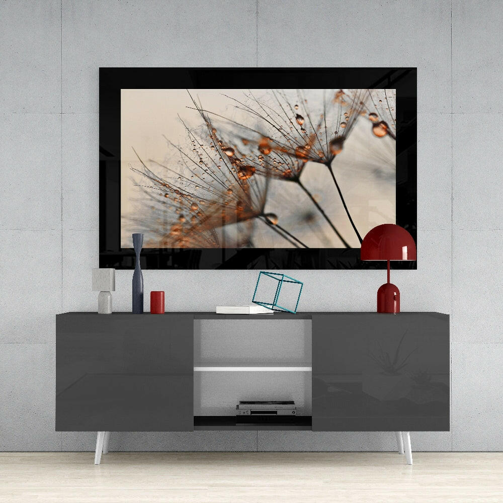 Cinnamon Dandelion glass wall art styled above a vanity in a powder room