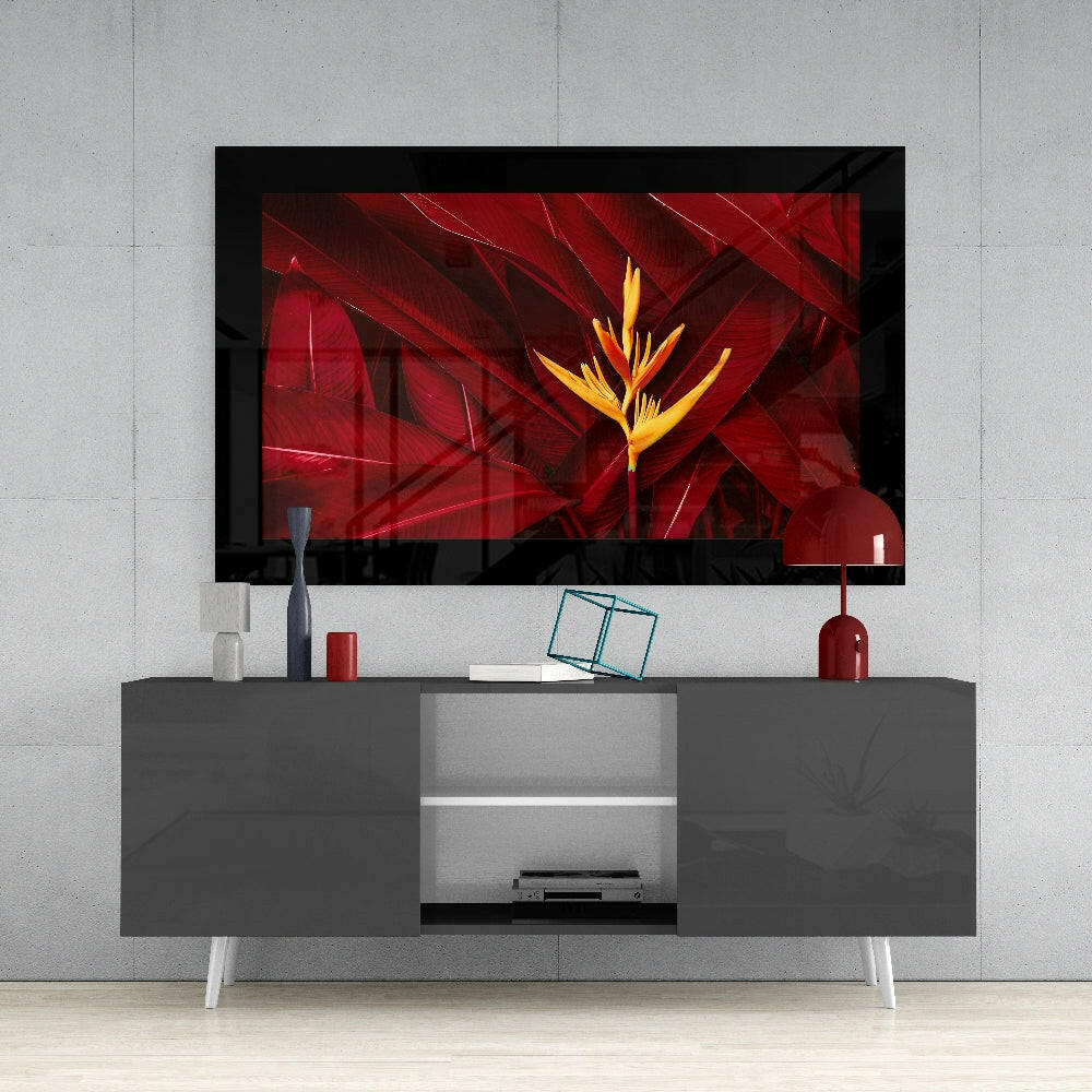 Red Leaves glass wall art styled above a console in a foyer