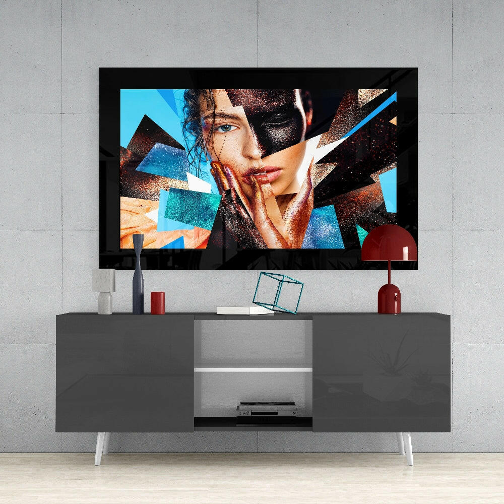 Modern Woman glass wall art styled above a console in a music room