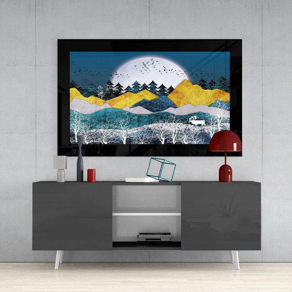Golden Mountains glass wall art styled above a console in a meditation room