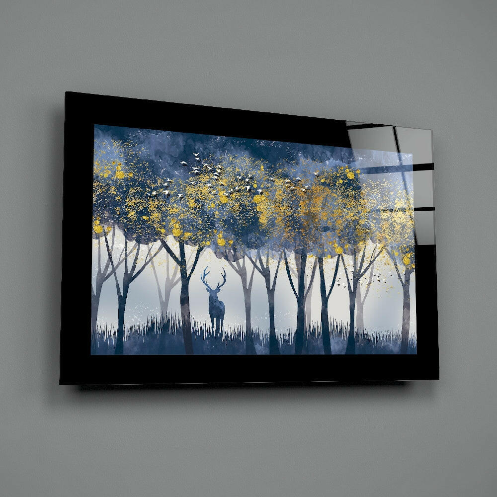 Modern-illustrative panel bringing woodland calm to a meditation room