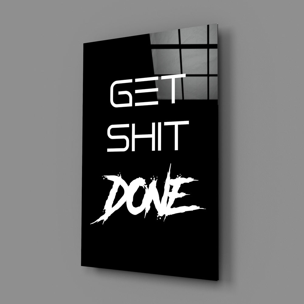 Hustle-mantra panel bringing graphic punch to a co-working corner