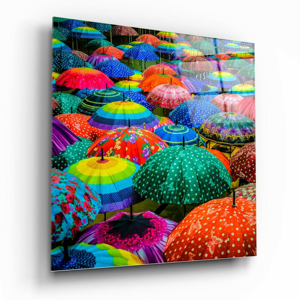 Colorful Umbrellas Glass Wall Art.