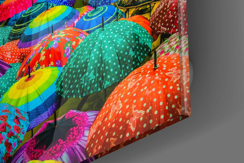Colorful Umbrellas Glass Wall Art.