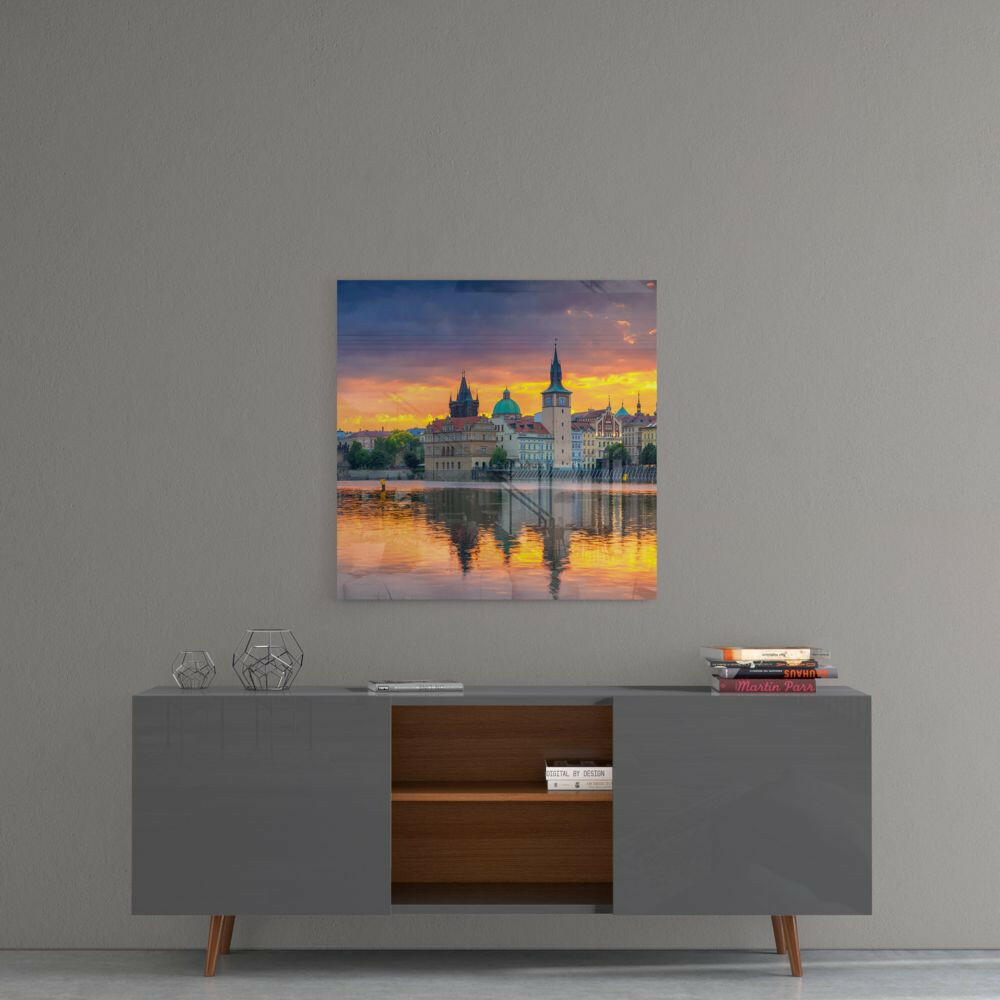 Prague panel adding travel atmosphere to a tranquil bedroom