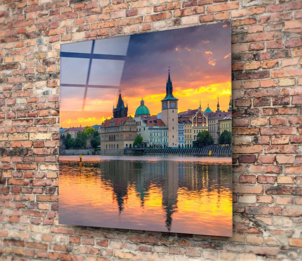 Close-up detail of Prague's domes and spires silhouetted at sunset