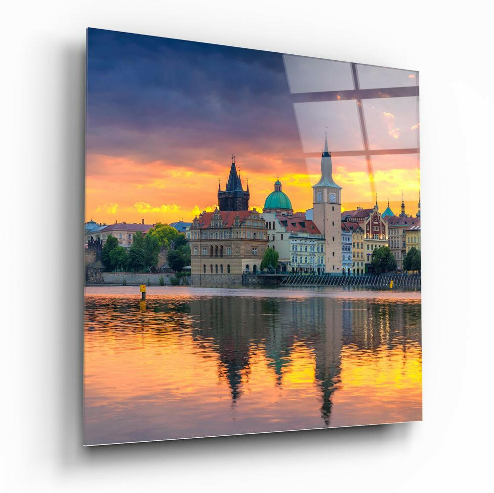Prague cityscape panel bringing warm sunset tones to a contemporary living space