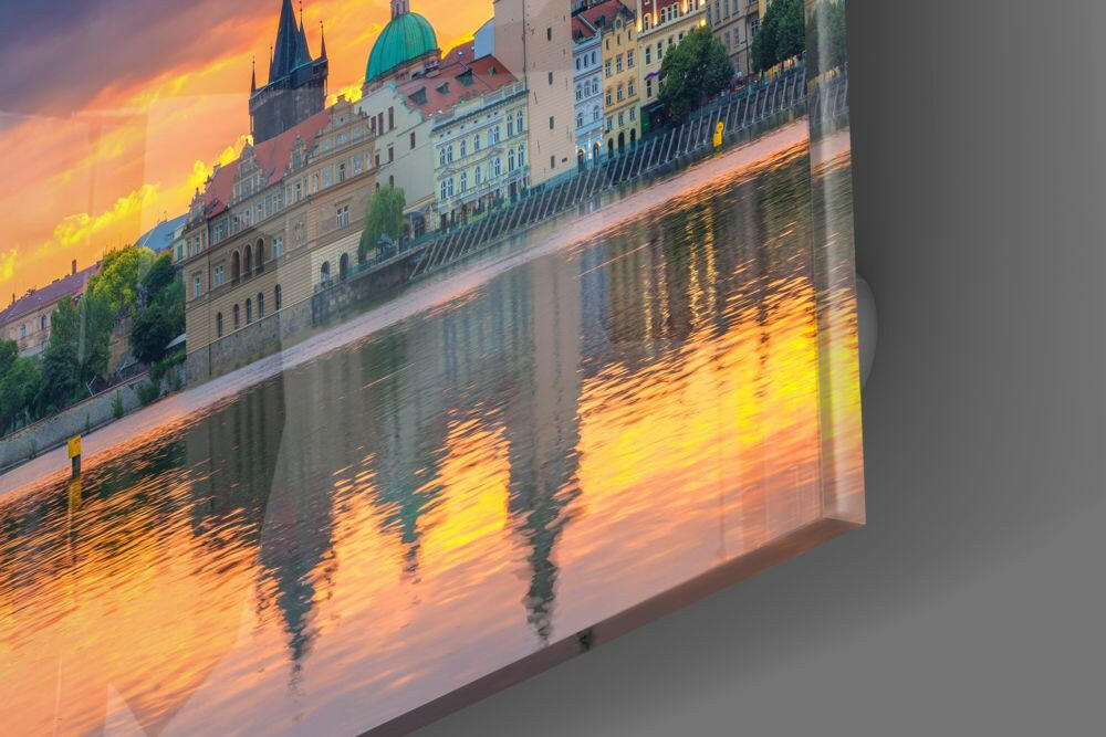 Prague glass wall art styled above a modern sofa in a neutral living room