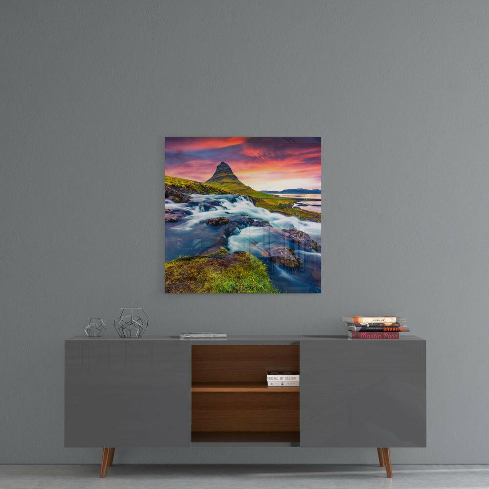 Mountain River Landscape Glass Wall Art.