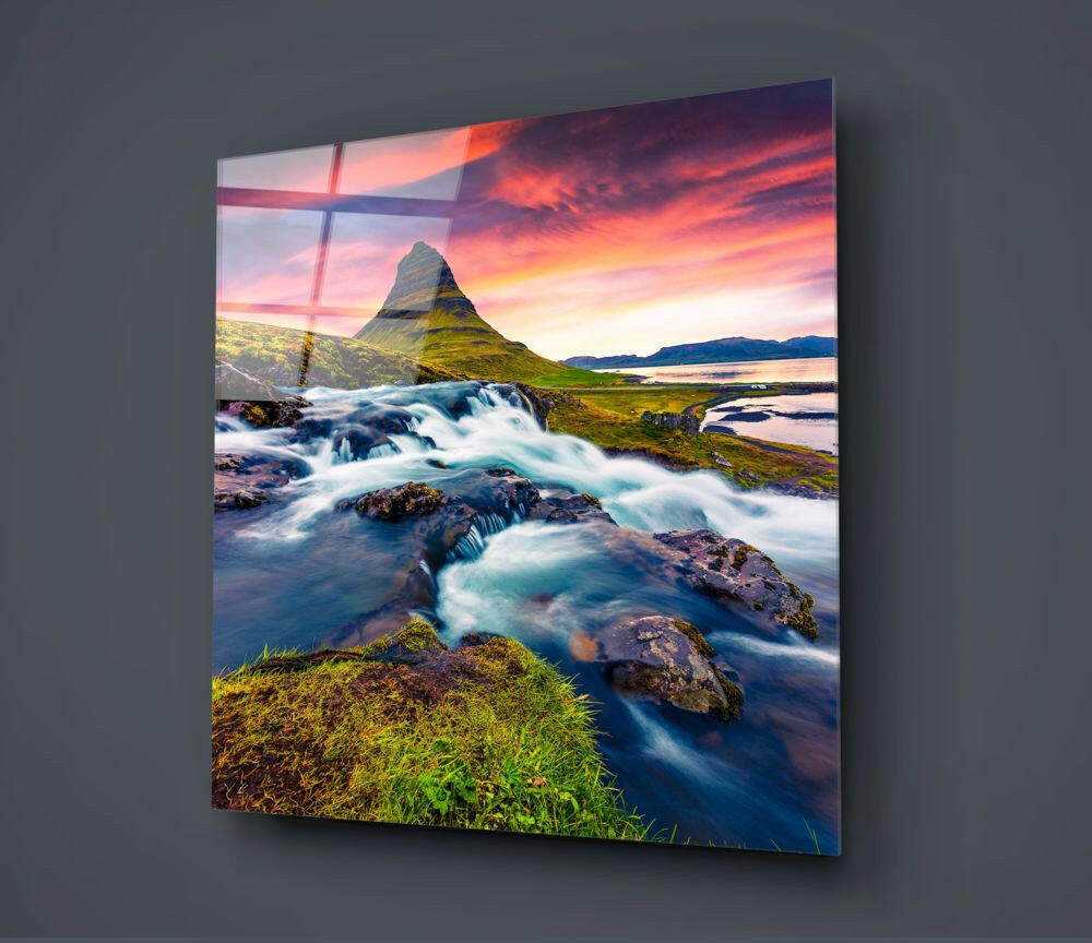 Mountain River Landscape Glass Wall Art.