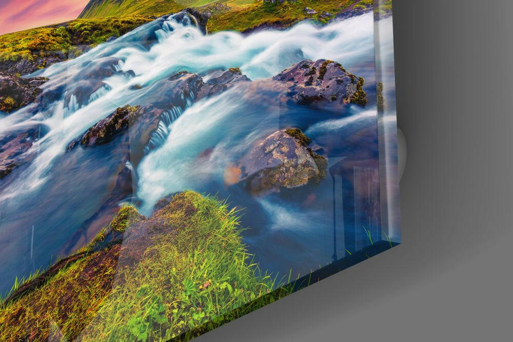 Mountain River Landscape Glass Wall Art.