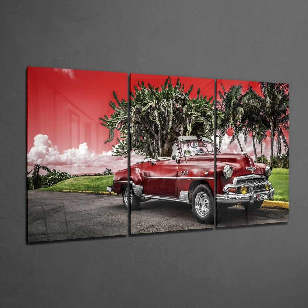 Red Classic Car Glass Art.