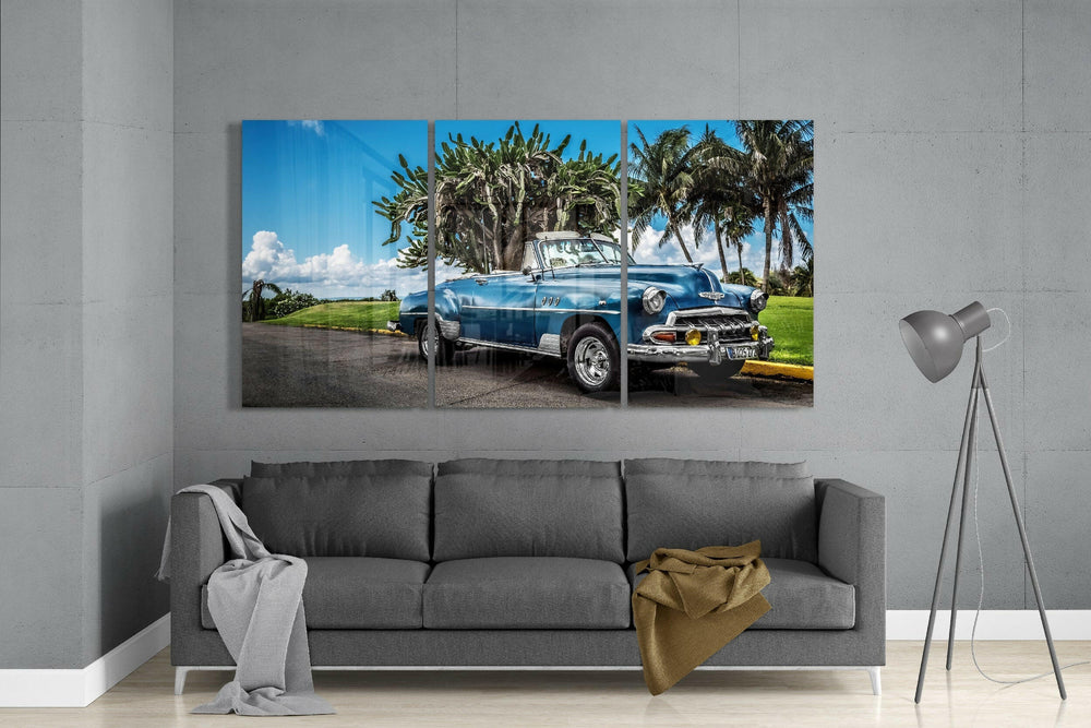 Blue Classic Car Glass Art.