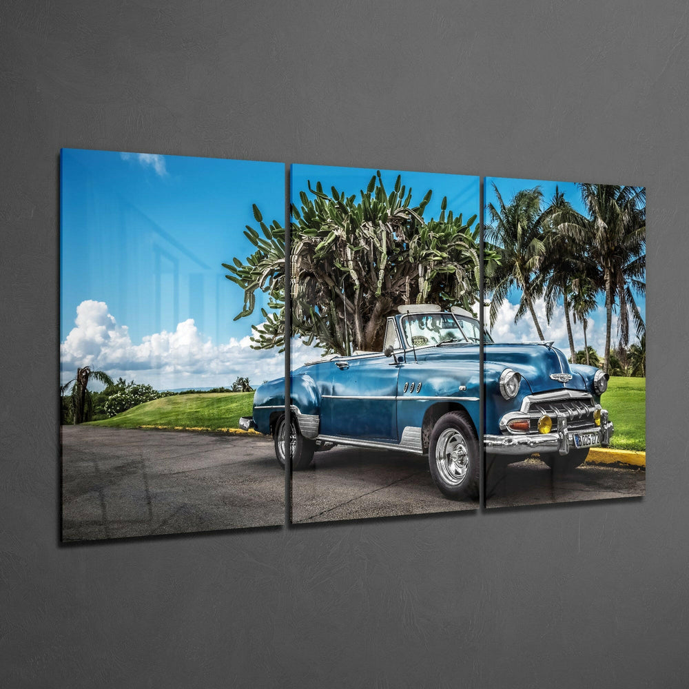 Blue Classic Car Glass Art.
