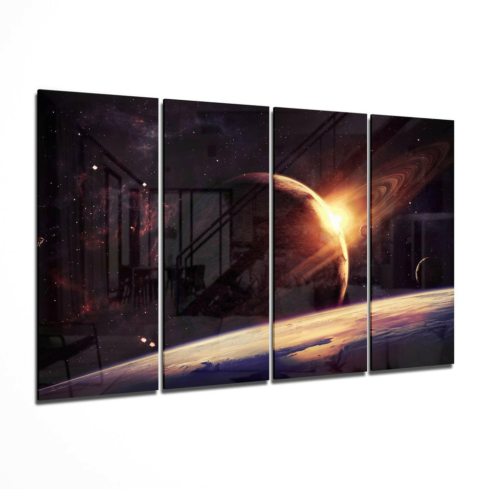 Sunset at the Space 4 Pieces Mega Glass Wall Art (59"x36") | Insigne Art Design.