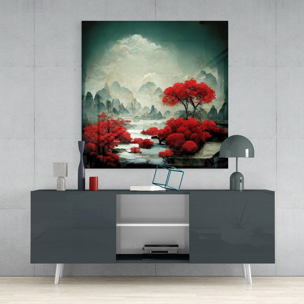 Red Forest Glass Wall Art || Designer Collection.