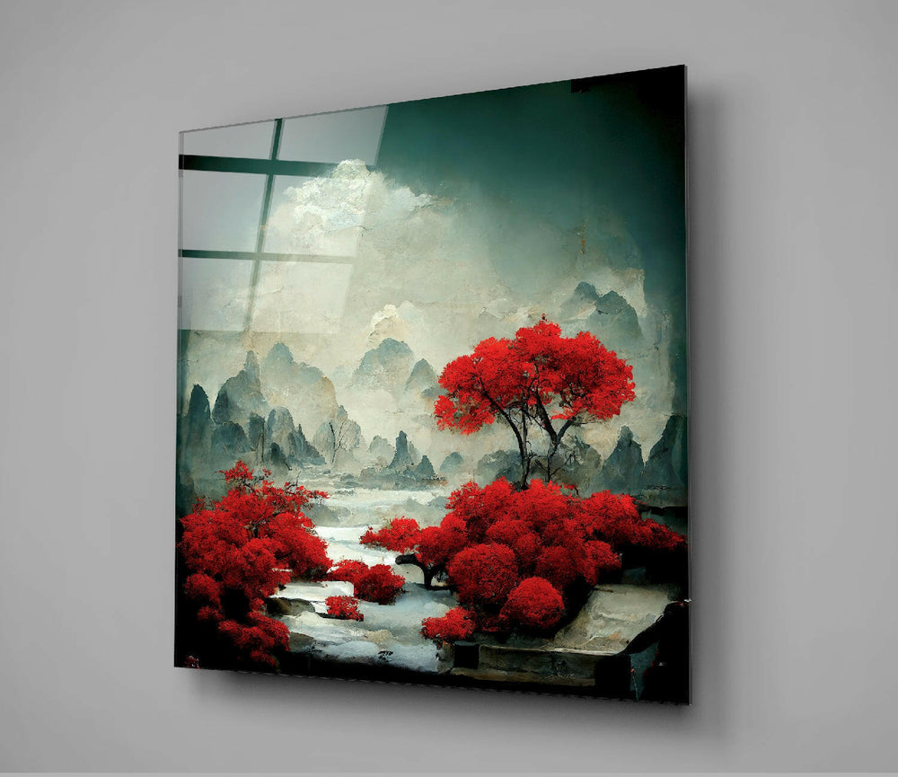 Red Forest Glass Wall Art || Designer Collection.