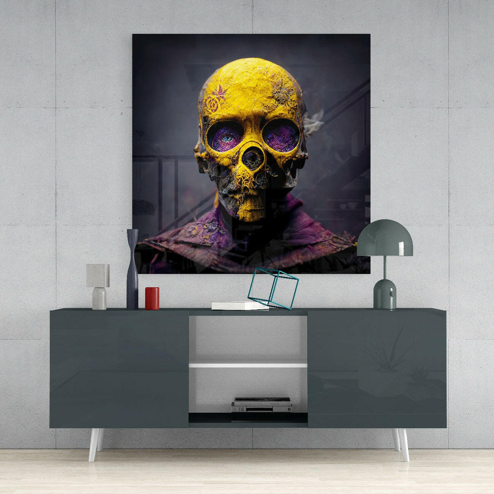Yellow Mask Glass Wall Art || Designer Collection.