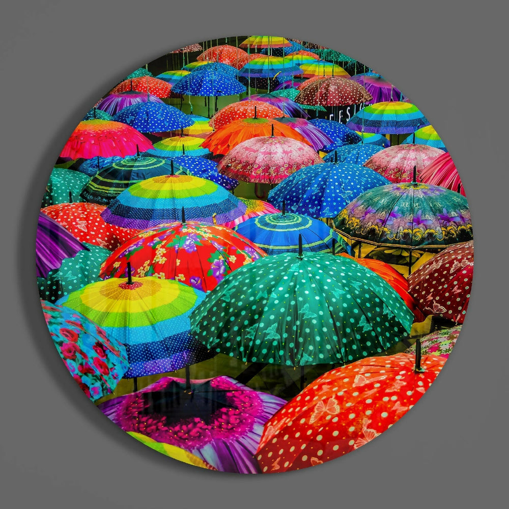 Colorful Umbrellas Glass Wall Art.