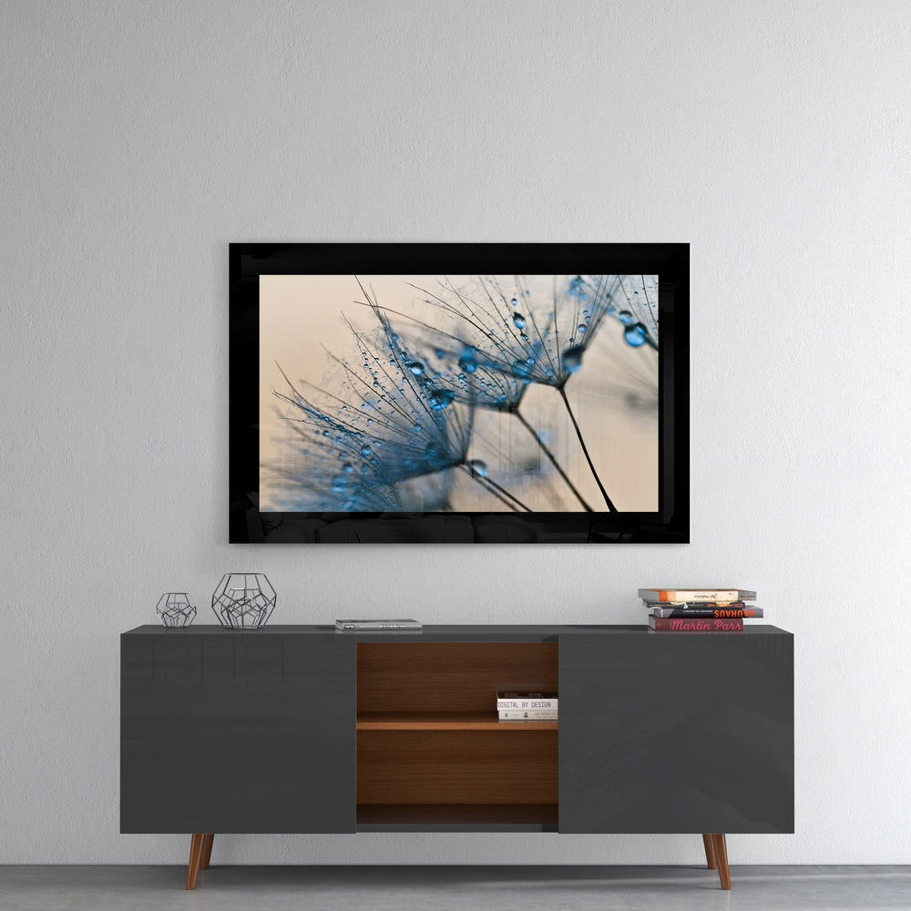 Dandelions glass wall art styled above a vanity in a powder room