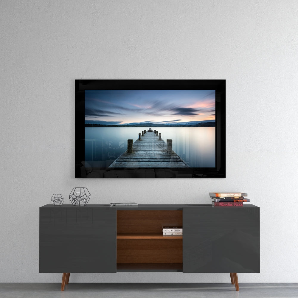 Pier glass wall art styled above a console in a meditation room