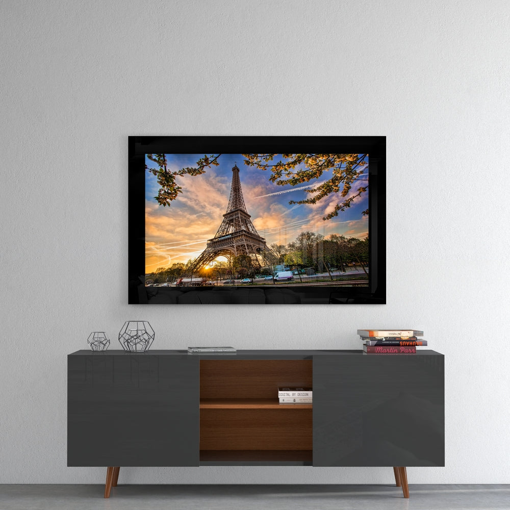Eiffel Tower glass wall art styled above a console in a guest room
