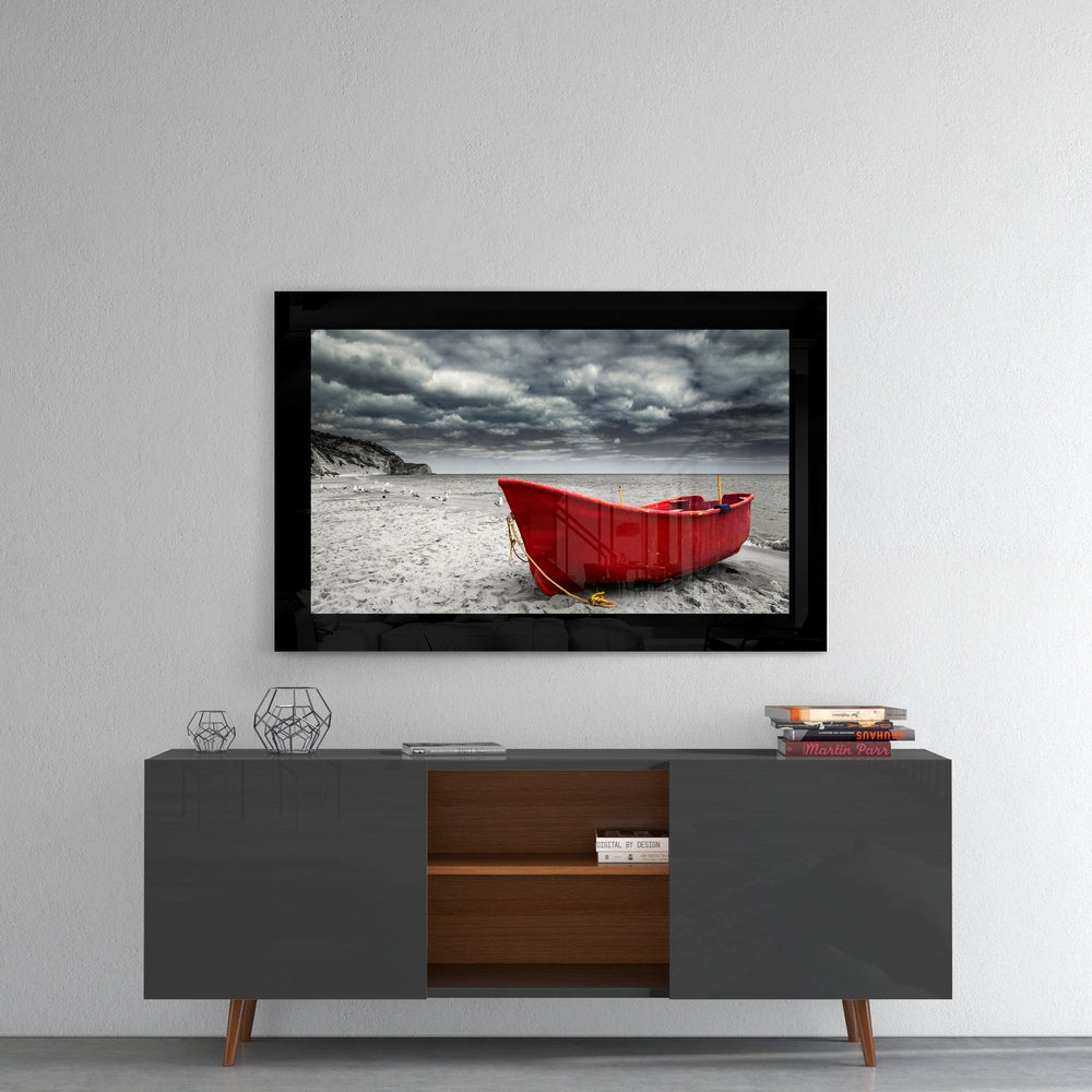 Red Boat glass wall art styled above a console in a man cave