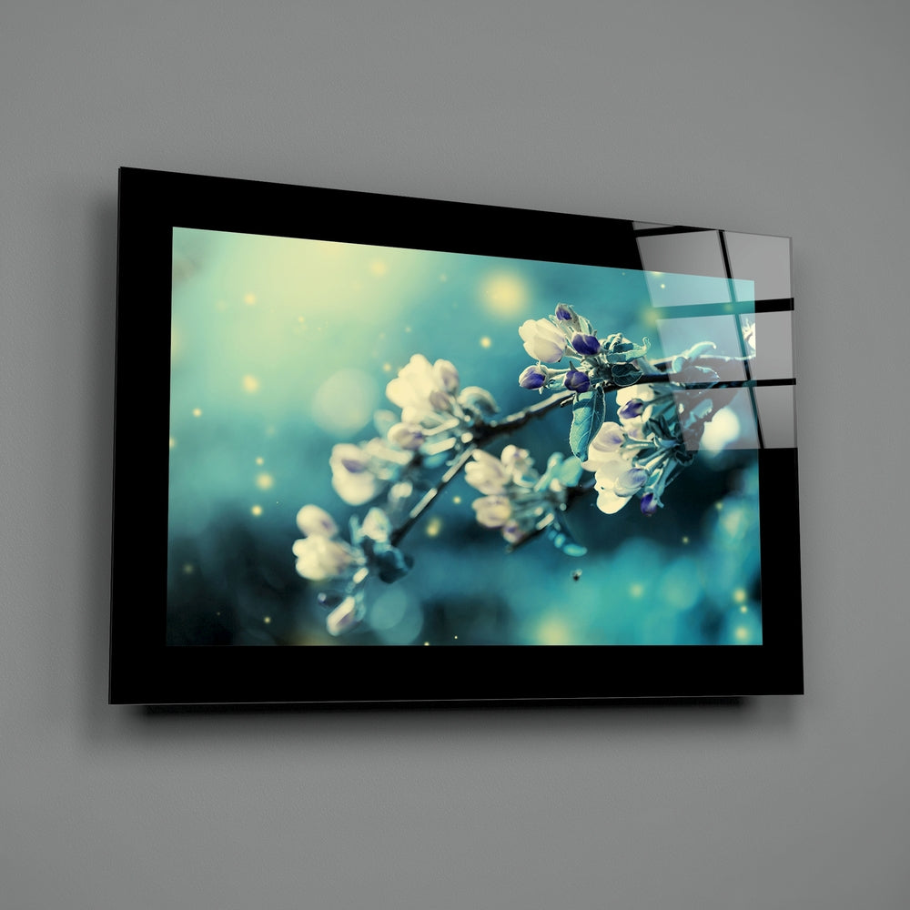 Editorial-photo panel bringing dreamy calm to a powder room