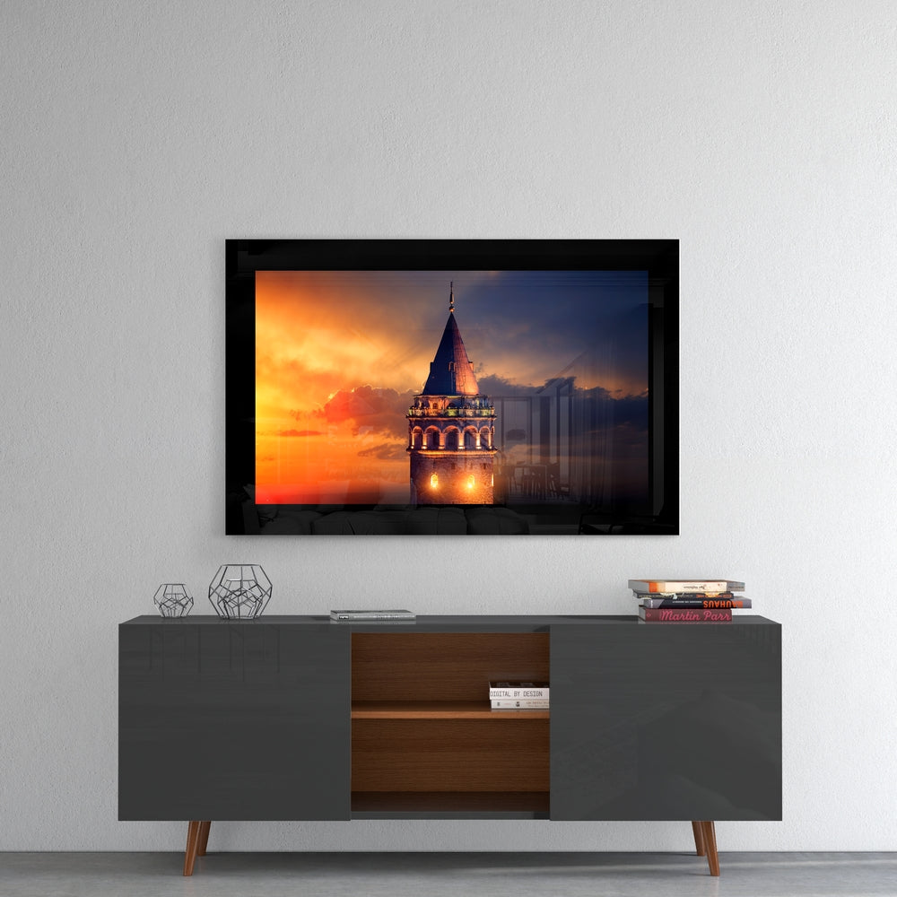 Galata Tower glass wall art styled above a console in a guest room