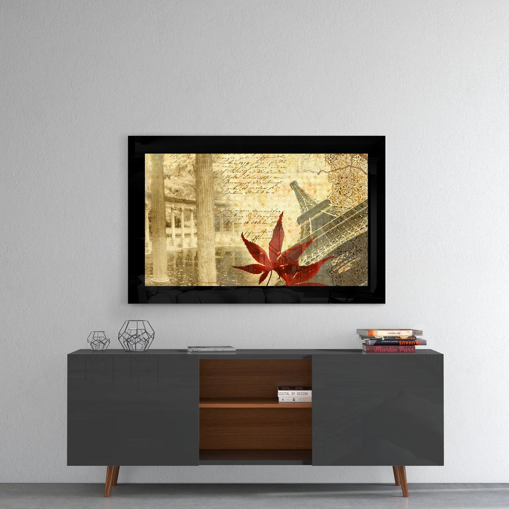 Autumn and Paris glass wall art styled above a console in a reading nook