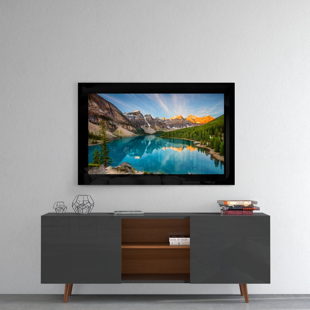 Lake View glass wall art styled above a console in a meditation room
