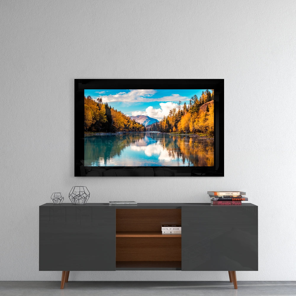 Lake View glass wall art styled above a console in a meditation room