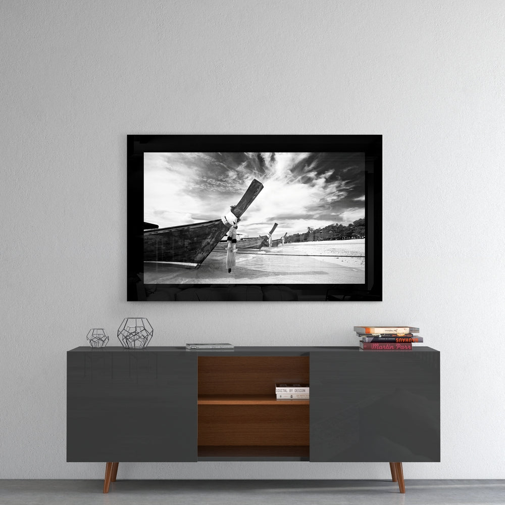 Boats glass wall art styled above a console in a man cave