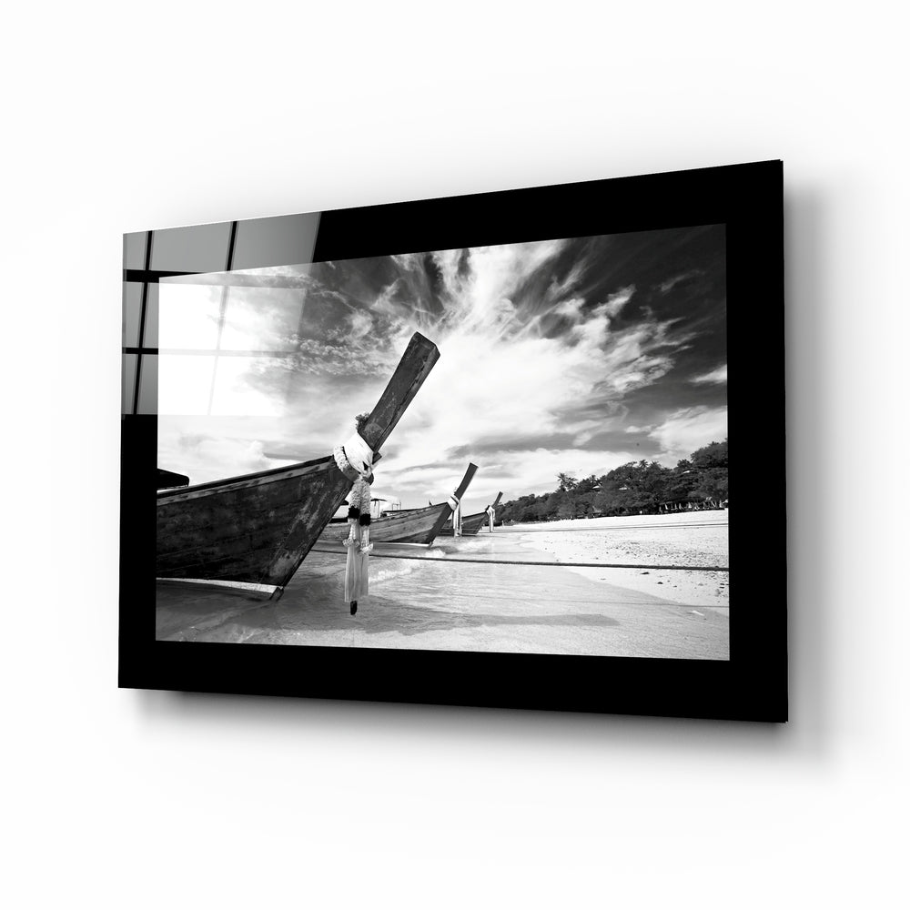 Boats glass wall art displayed above a sideboard in a study