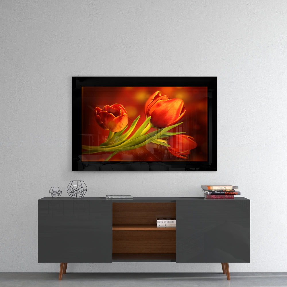 Tulip glass wall art styled above a sideboard in a dining room