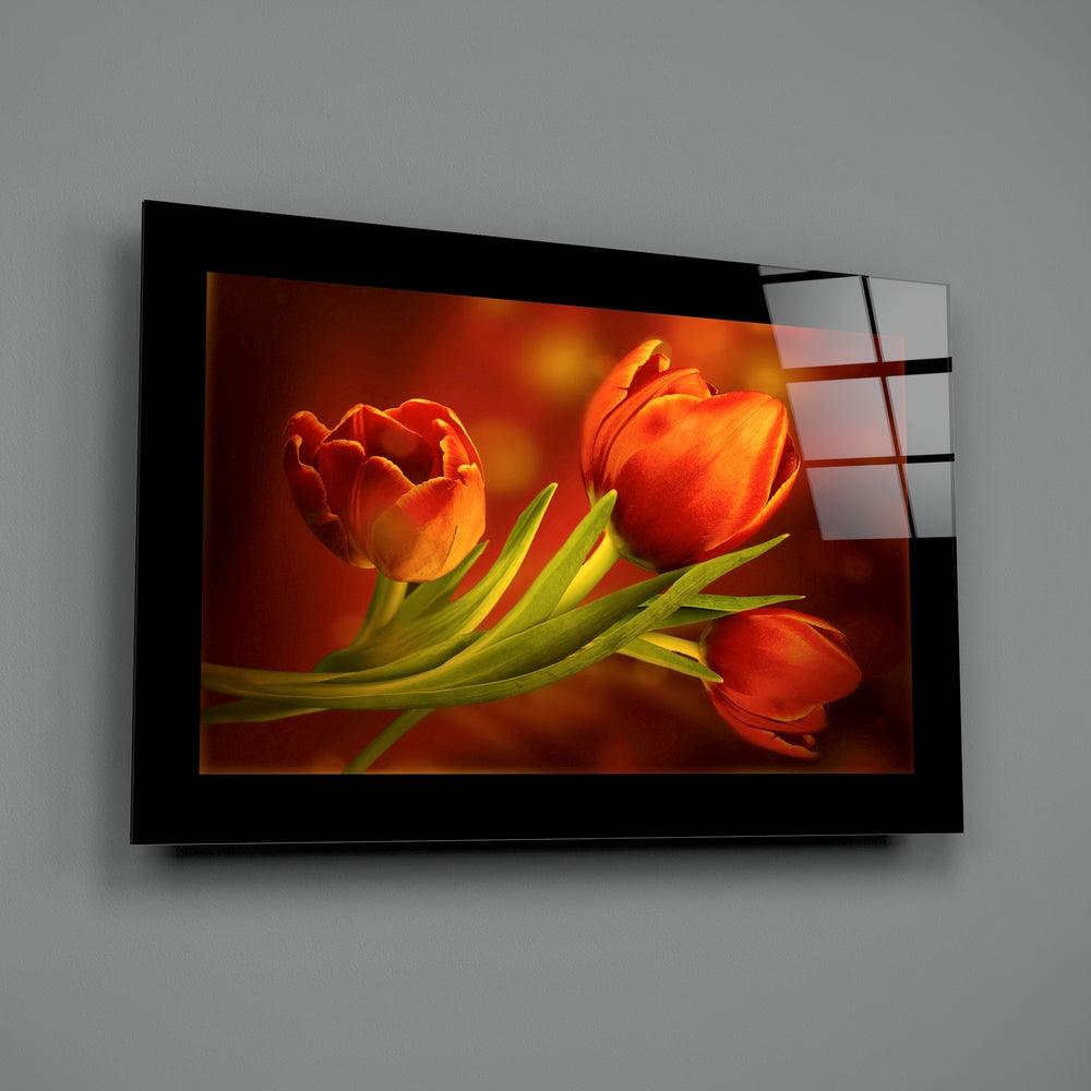 Editorial-photo panel bringing fiery warmth to a powder room
