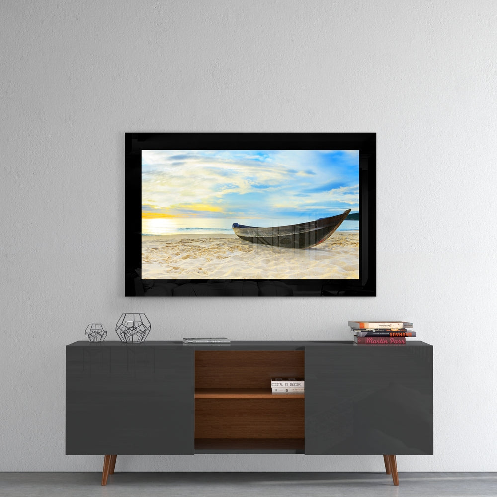 Boat on the Beach glass wall art styled above a vanity in a bathroom