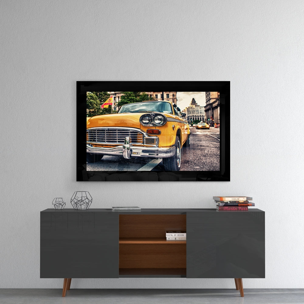 Classical Yellow Car glass wall art styled above a console in a foyer