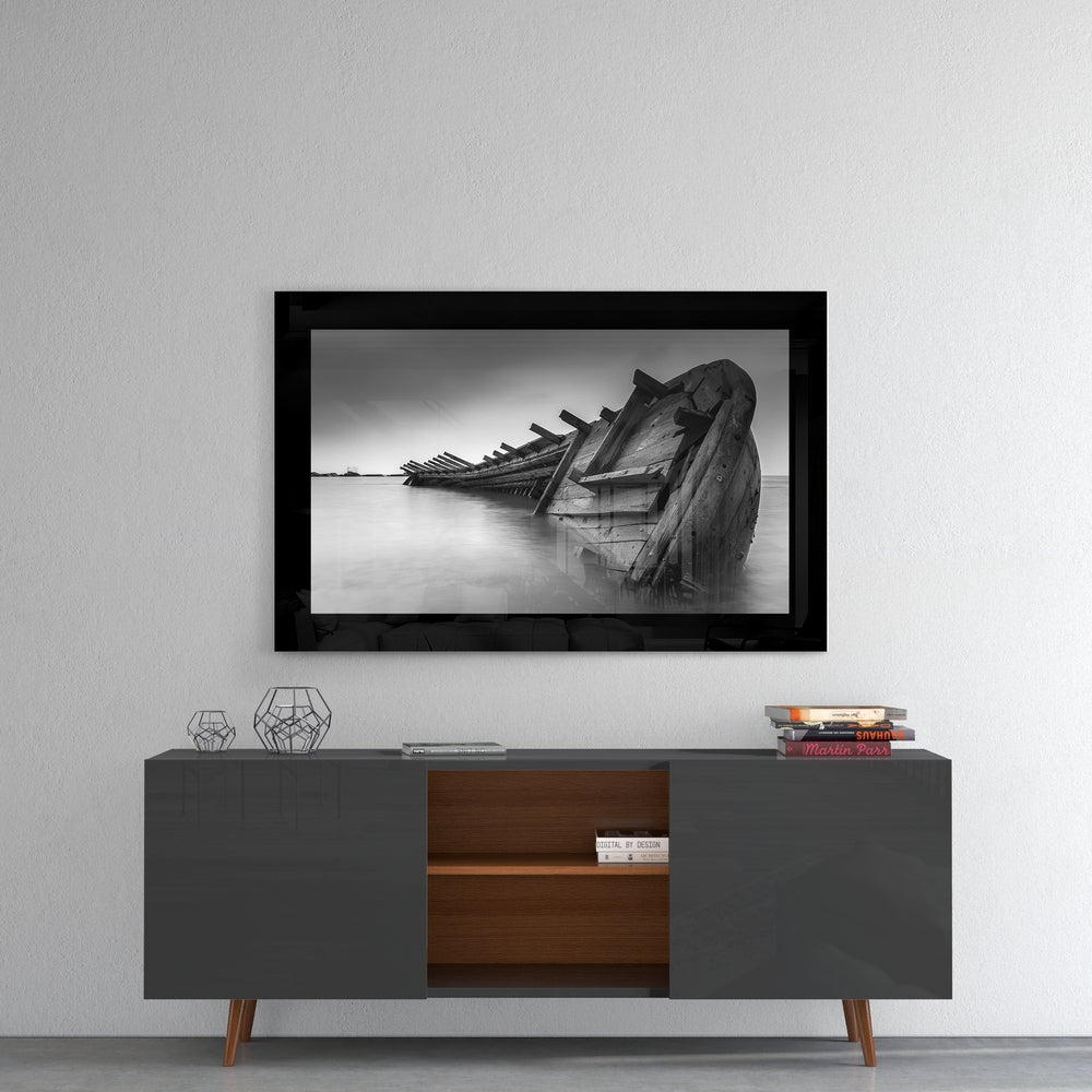 Abandoned Boat glass wall art styled above a console in a man cave