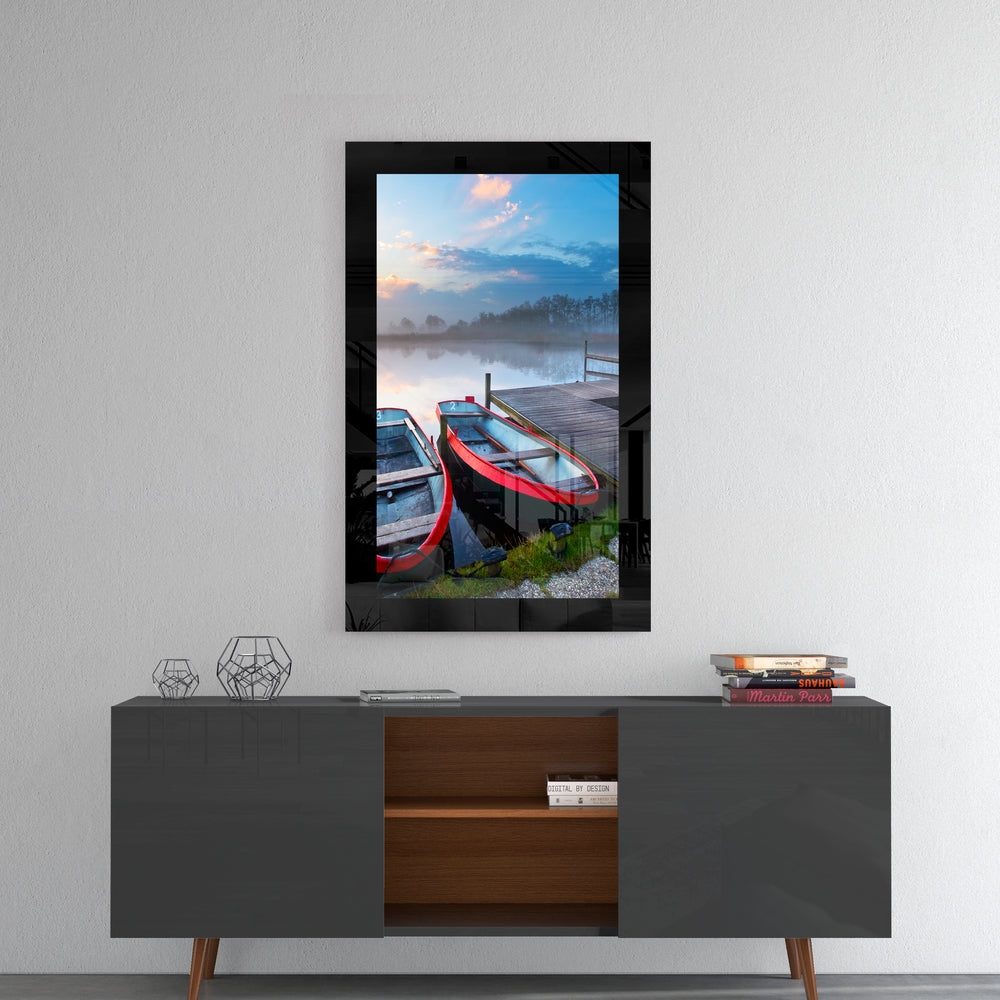 Boats glass wall art styled above a console in a meditation room