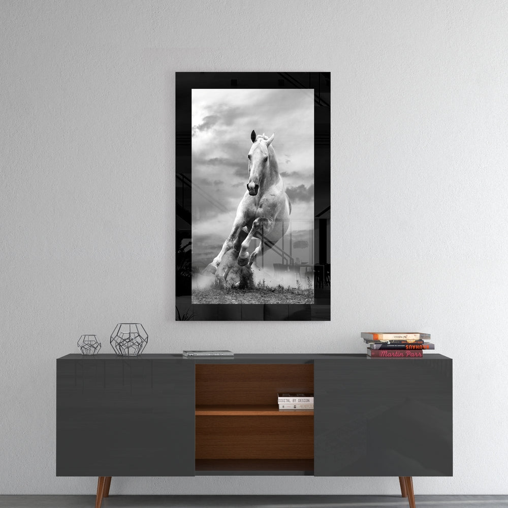 Horse glass wall art styled above a console in a foyer