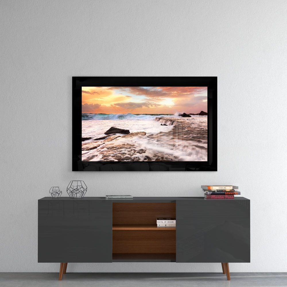 Cloudy Waves glass wall art styled above a console in a man cave