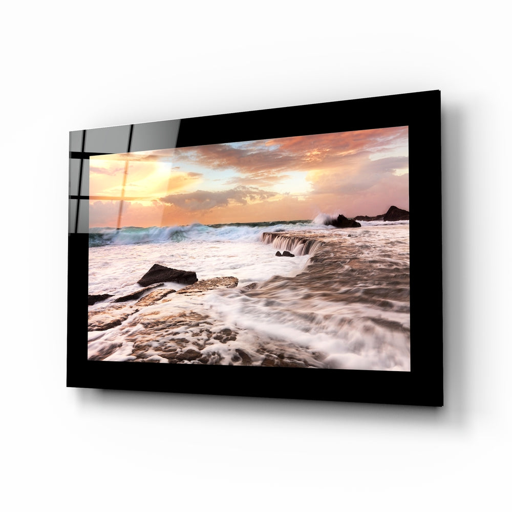 Cloudy Waves glass wall art displayed above a sideboard in a coastal cottage