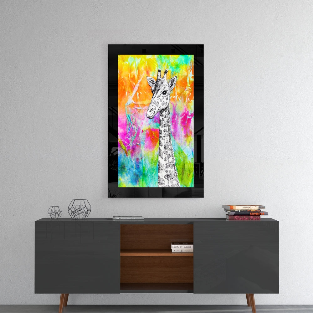 Giraffe glass wall art styled above a sideboard in a reading nook