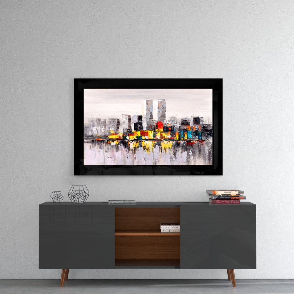 City Silhouette glass wall art styled above a console in a media room