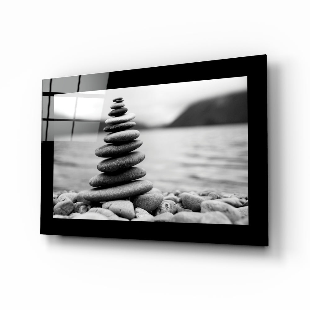 Balance glass wall art displayed above a console in a meditation room